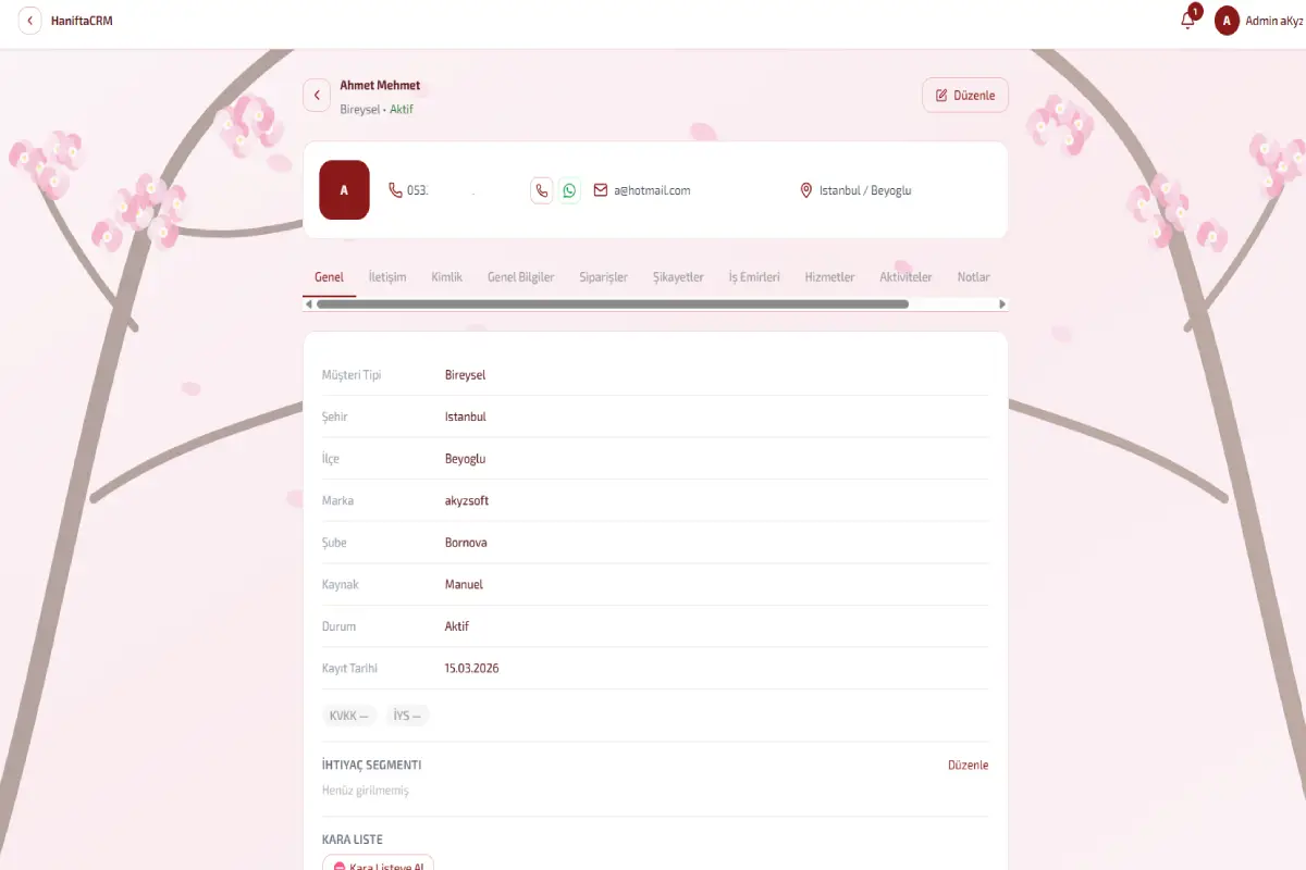 HaniftaCRM dashboard – müşteri listesi ve satış özeti